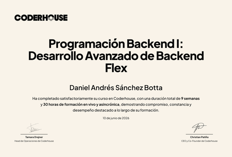 Certificado Programación Backend I - Coderhouse