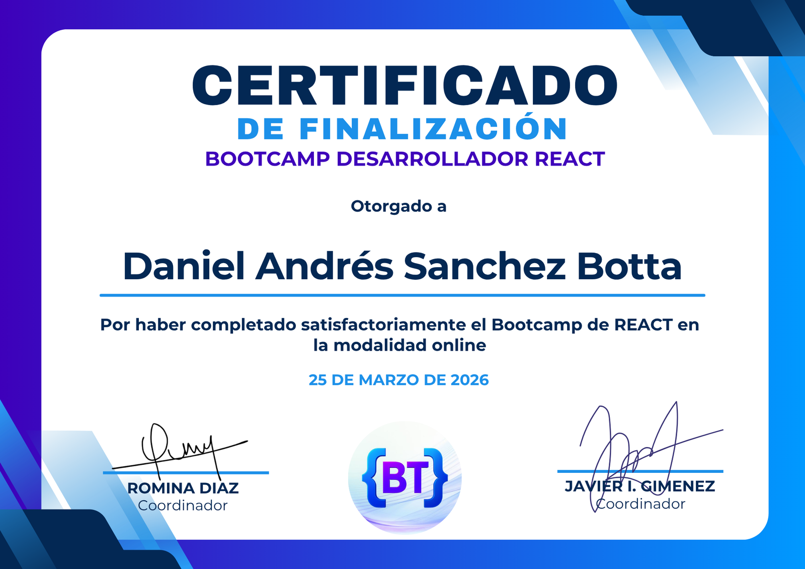 Certificado Bootcamp React - BTech Latam